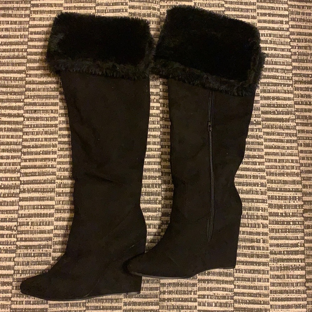 Black faux suede thigh high boots